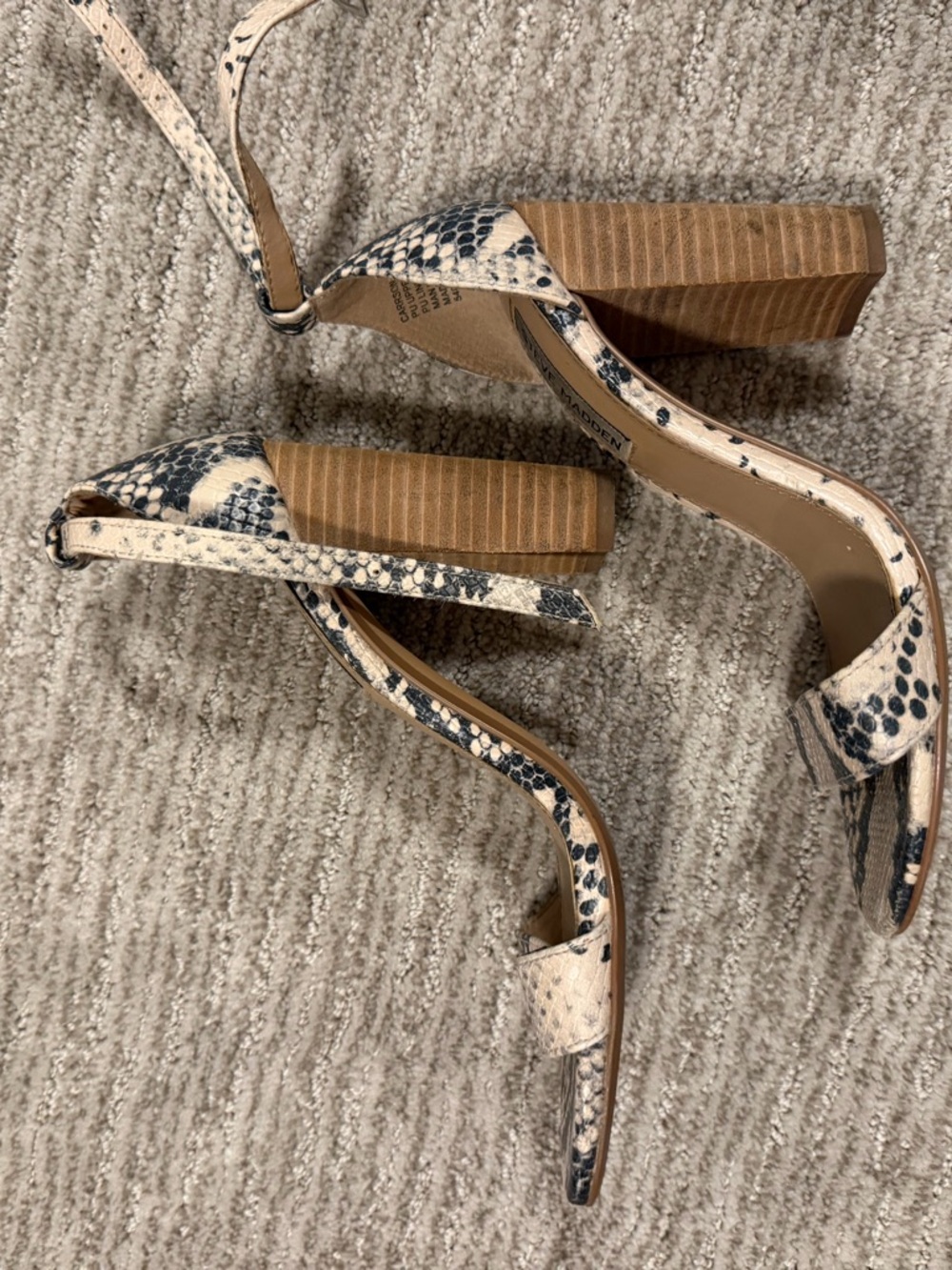 Steve Madden, Snake-Print Block Heel Sandals in Beige and Black, 7 US women’s